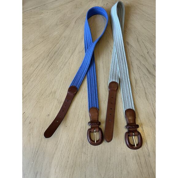 2- Talbots Womens Belt XL Braided Woven Cotton Genuine Leather Buckle Blue Beige - Picture 5 of 9